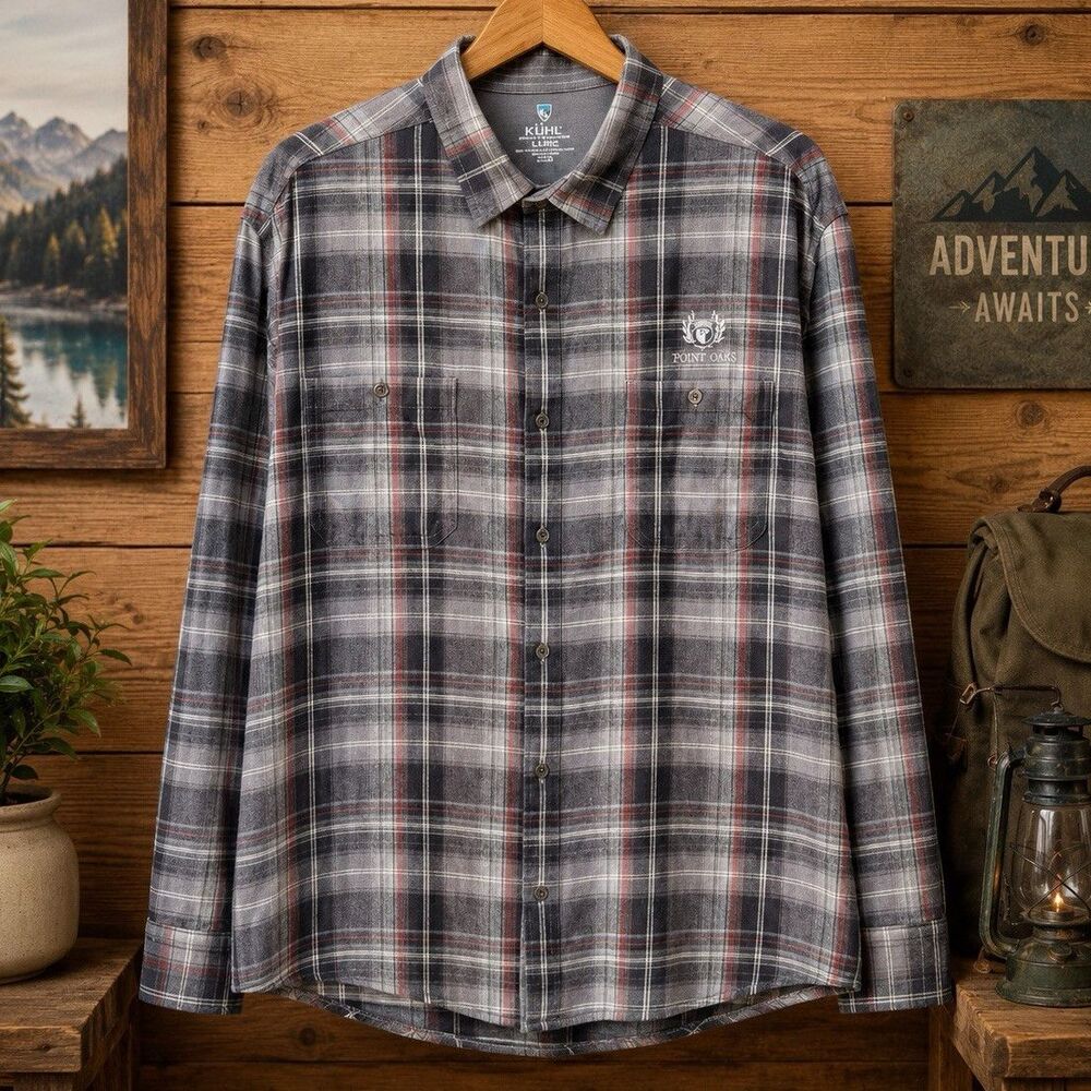 Kuhl Men's XL Gray Red Plaid Flannel Long Sleeve Button-Up Shirt Pockets
